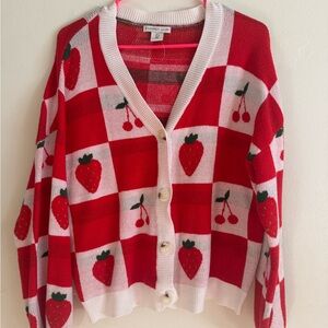 Sincerely Jules Cherry Strawberry Checkered Red Cardigan (L)